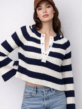 Anthropologie Pilcro Striped Knit Sweater Navy White Nautical Henley Chunky Crop